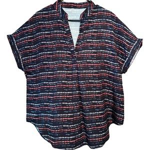 Woman’ No Collar V-Neck Short Sleeve Blouse - Red, Black & White striped SZ XL